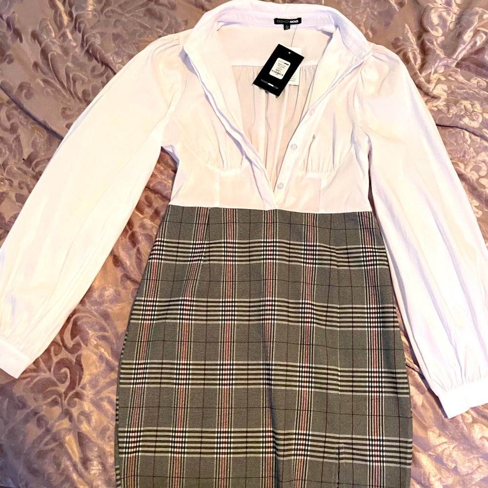 White top plaid bottom pencil mini dress